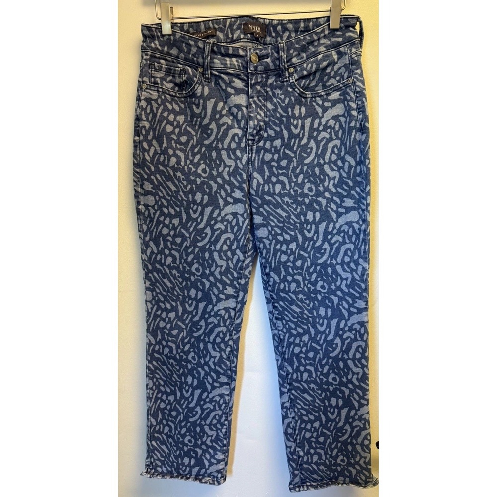NYDJ Jeans Marilyn Straight Animal Print Blue Size 8 Pockets Stretch Ankle Crop